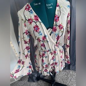 Long Bell Sleeve Floral Embroidered Romper